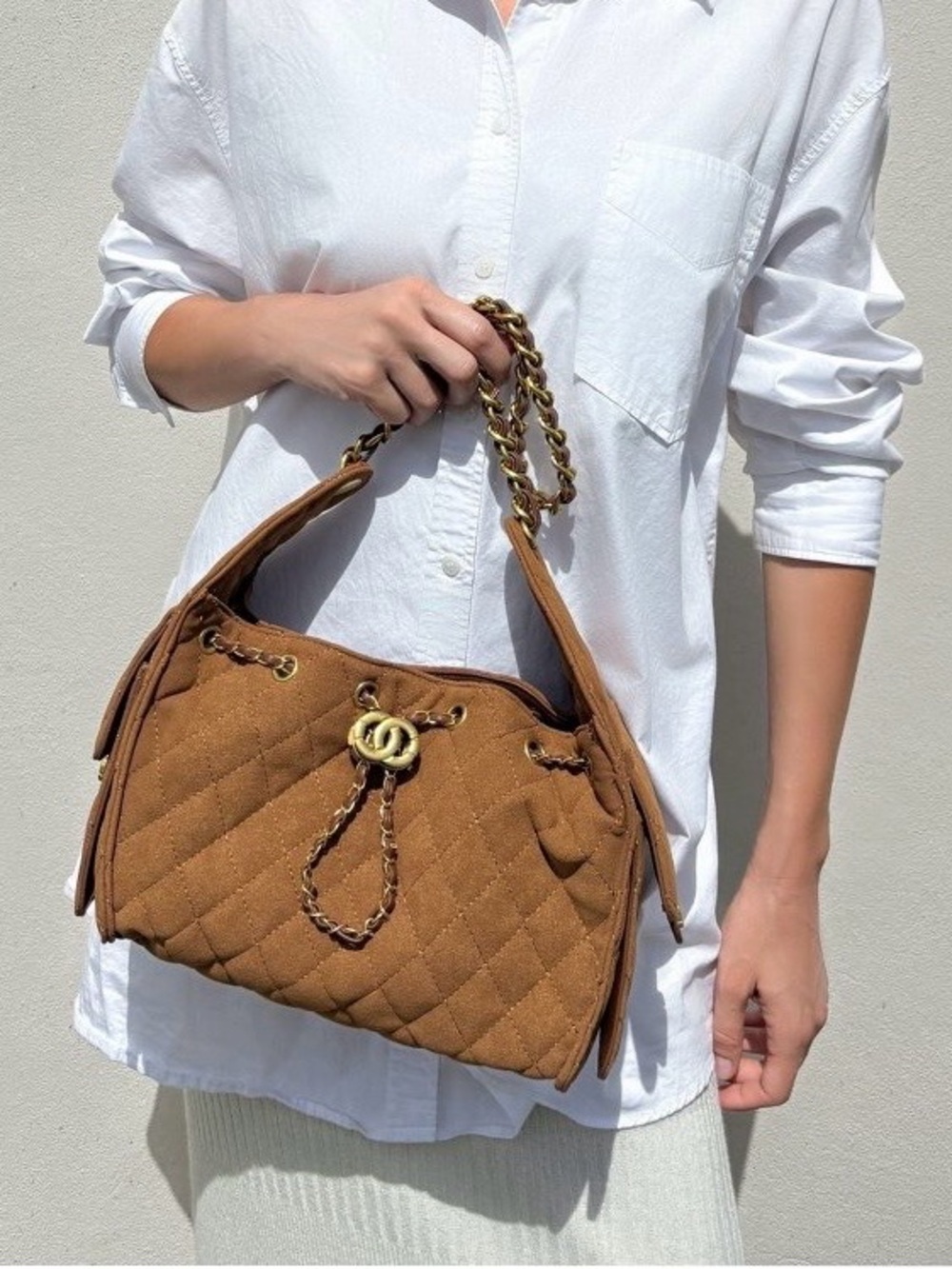 Adornia Brown Quilted Bag With Chain Strap and Side Pockets - Picture 14 of 16